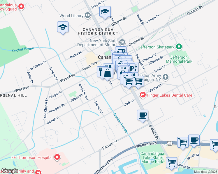 map of restaurants, bars, coffee shops, grocery stores, and more near 39 Coach Street in Canandaigua