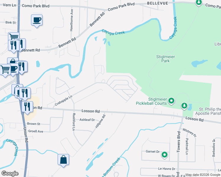 map of restaurants, bars, coffee shops, grocery stores, and more near 14 Juniper Lane in Buffalo