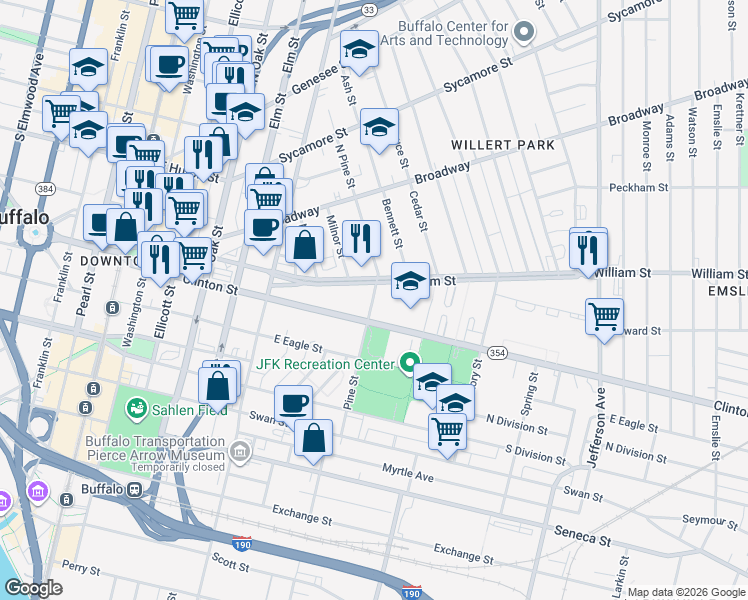 map of restaurants, bars, coffee shops, grocery stores, and more near 202 William Street in Buffalo
