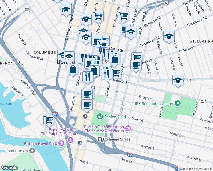 map of restaurants, bars, coffee shops, grocery stores, and more near 391 Washington Street in Buffalo