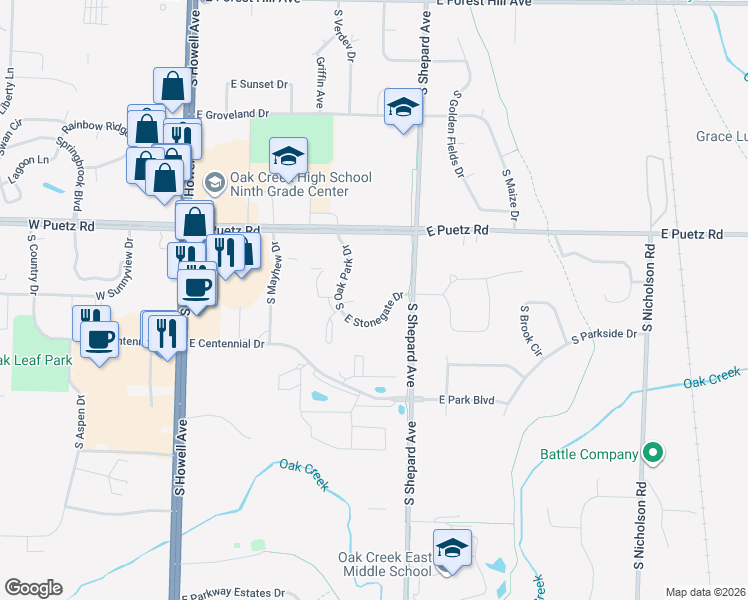 map of restaurants, bars, coffee shops, grocery stores, and more near 8740 South Oak Park Drive in Oak Creek