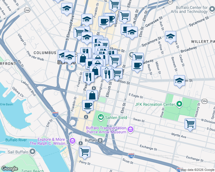 map of restaurants, bars, coffee shops, grocery stores, and more near 391 Washington Street in Buffalo