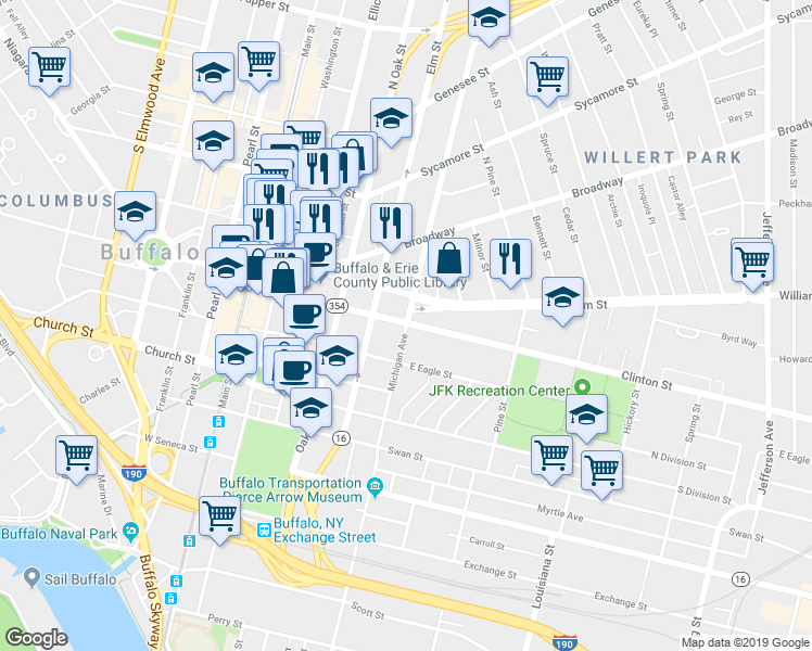 map of restaurants, bars, coffee shops, grocery stores, and more near 425 Michigan Ave in Buffalo