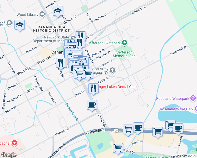 map of restaurants, bars, coffee shops, grocery stores, and more near 47 Saltonstall Street in Canandaigua