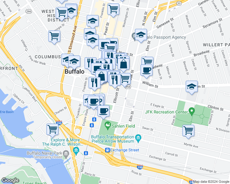 map of restaurants, bars, coffee shops, grocery stores, and more near 210 Ellicott Street in Buffalo