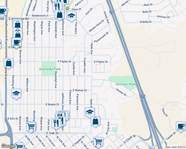 map of restaurants, bars, coffee shops, grocery stores, and more near 1305 Lakeview Drive in Pocatello