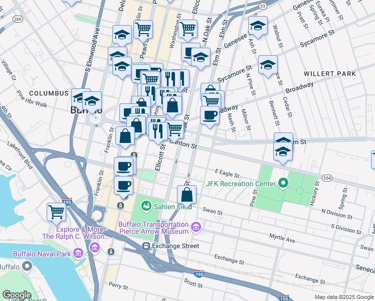 map of restaurants, bars, coffee shops, grocery stores, and more near 55 William Street in Buffalo