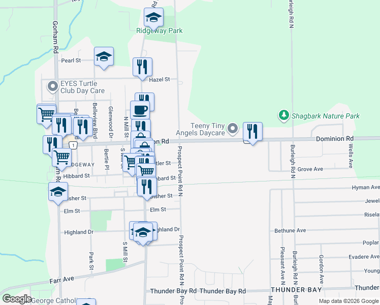 map of restaurants, bars, coffee shops, grocery stores, and more near 3583 Dominion Road in Fort Erie