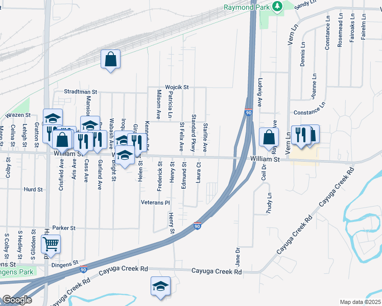 map of restaurants, bars, coffee shops, grocery stores, and more near 2644 William Street in Buffalo