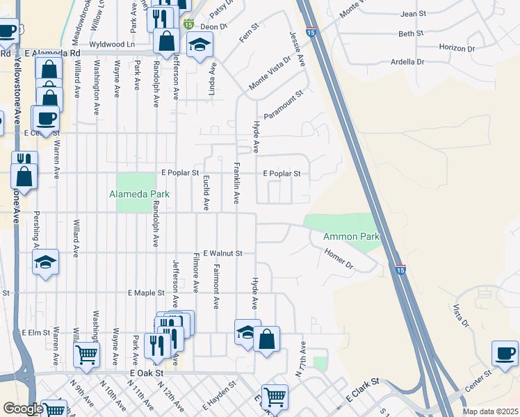 map of restaurants, bars, coffee shops, grocery stores, and more near 559 Hyde Avenue in Pocatello
