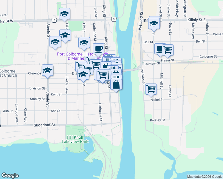 map of restaurants, bars, coffee shops, grocery stores, and more near 165 King Street in Port Colborne