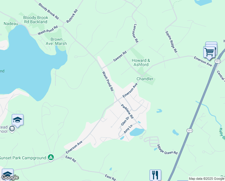 map of restaurants, bars, coffee shops, grocery stores, and more near 312 Wash Pond Road in Hampstead