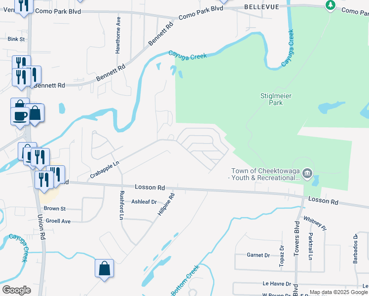 map of restaurants, bars, coffee shops, grocery stores, and more near 14 Juniper Lane in Buffalo