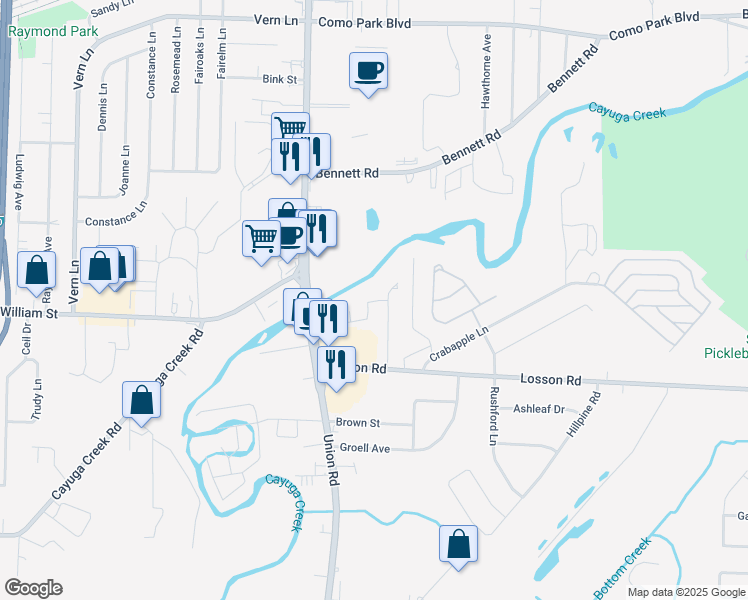 map of restaurants, bars, coffee shops, grocery stores, and more near 100 Hutchens Drive in Cheektowaga