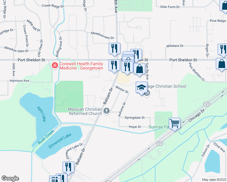 map of restaurants, bars, coffee shops, grocery stores, and more near 6370 Balsam Drive in Hudsonville