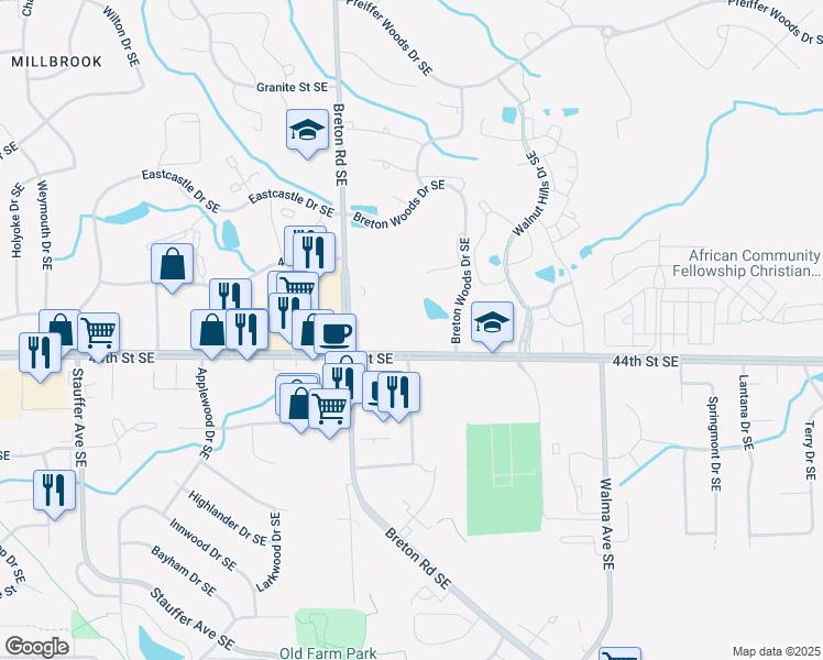 map of restaurants, bars, coffee shops, grocery stores, and more near 2505 44th Street Southeast in Kentwood