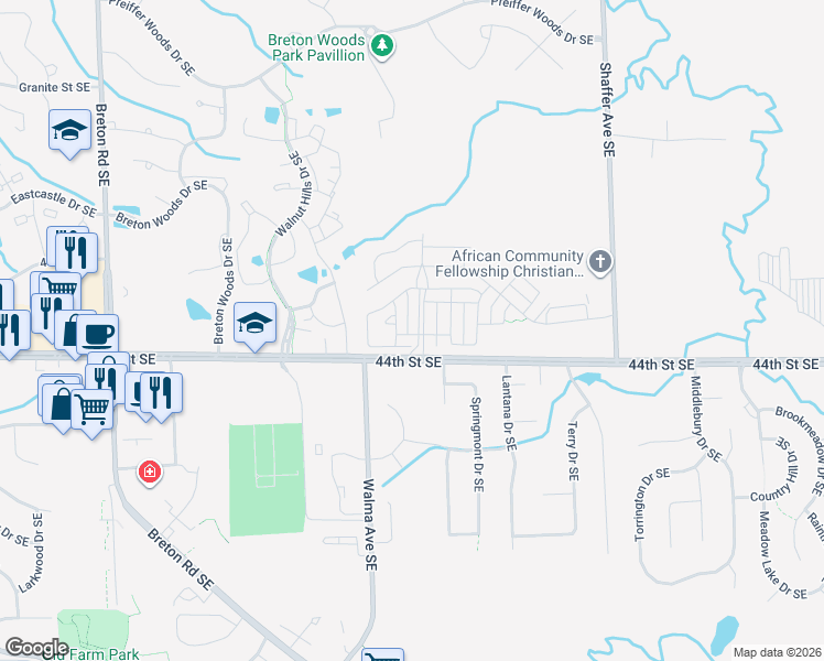 map of restaurants, bars, coffee shops, grocery stores, and more near 4343 Stratton Boulevard in Kentwood