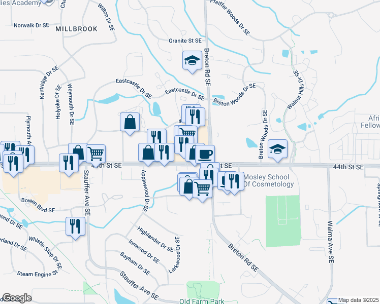 map of restaurants, bars, coffee shops, grocery stores, and more near 2333 44th Street Southeast in Grand Rapids