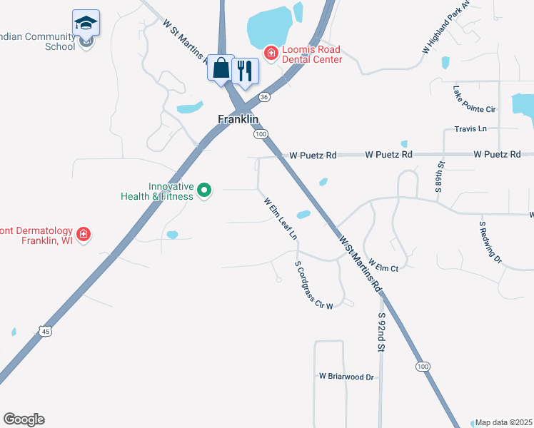 map of restaurants, bars, coffee shops, grocery stores, and more near 9830 West Elm Leaf Lane in Franklin