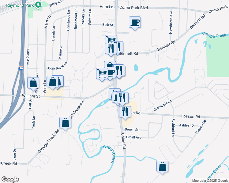 map of restaurants, bars, coffee shops, grocery stores, and more near 2669 Union Road in Cheektowaga