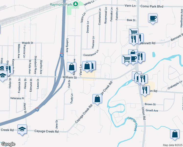 map of restaurants, bars, coffee shops, grocery stores, and more near 2920 William Street in Cheektowaga