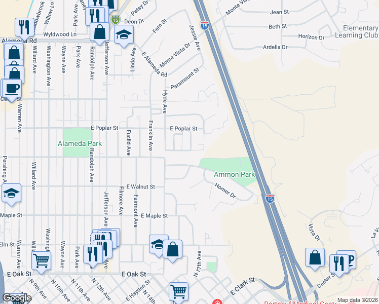 map of restaurants, bars, coffee shops, grocery stores, and more near 544 Placid Ave in Pocatello