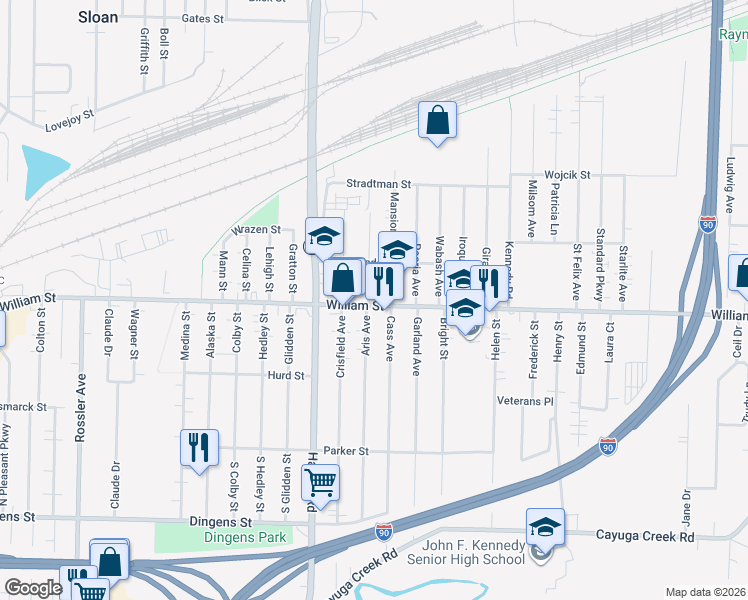 map of restaurants, bars, coffee shops, grocery stores, and more near 26 Mansion Avenue in Cheektowaga