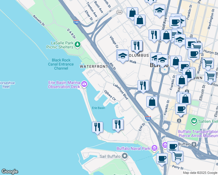 map of restaurants, bars, coffee shops, grocery stores, and more near 24 Marina Park South in Buffalo