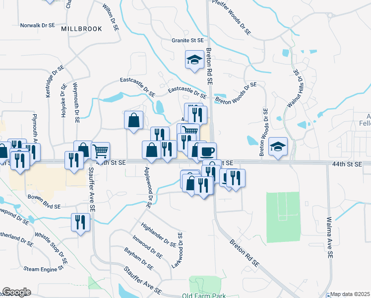 map of restaurants, bars, coffee shops, grocery stores, and more near 2400 43rd St SE in Grand Rapids