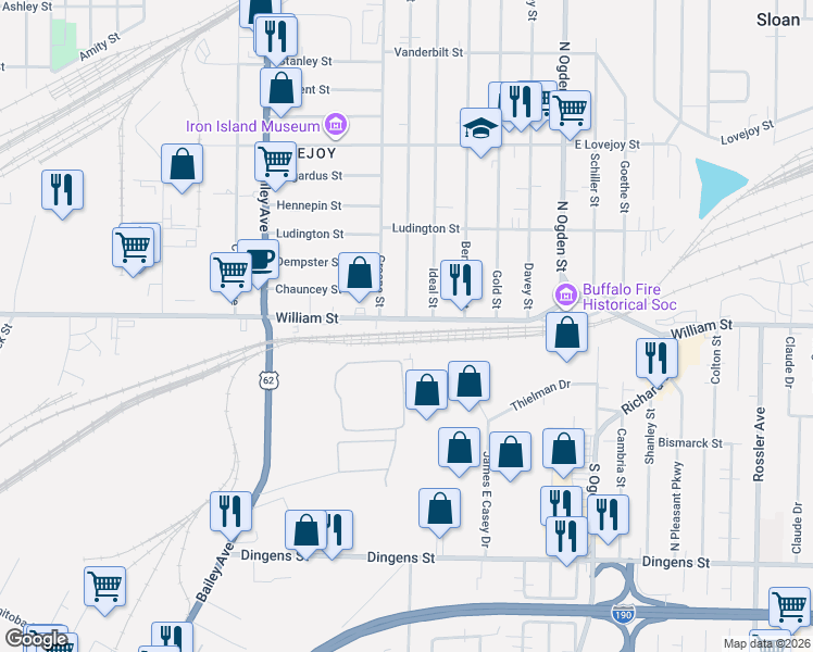 map of restaurants, bars, coffee shops, grocery stores, and more near 1715 William Street in Buffalo