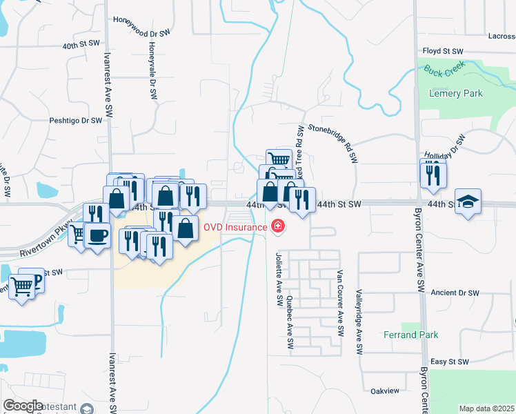 map of restaurants, bars, coffee shops, grocery stores, and more near 2824 44th Street Southwest in Grandville