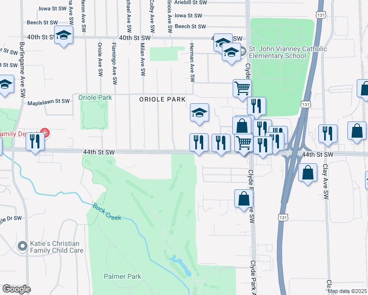 map of restaurants, bars, coffee shops, grocery stores, and more near 1029 44th Street Southwest in Wyoming
