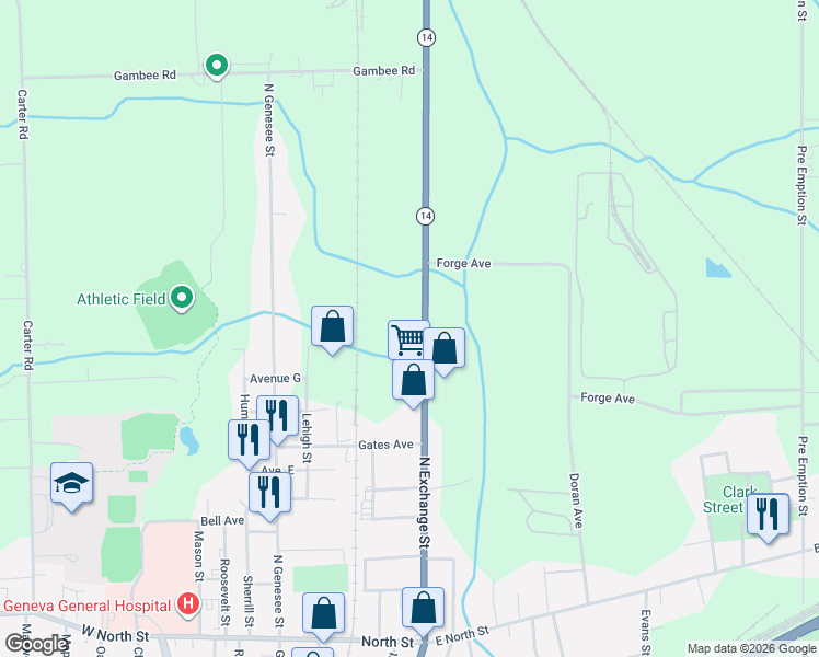 map of restaurants, bars, coffee shops, grocery stores, and more near 225 New York 14 in Geneva