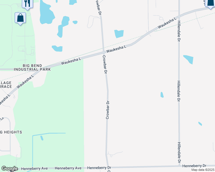 map of restaurants, bars, coffee shops, grocery stores, and more near Crowbar Drive in Muskego