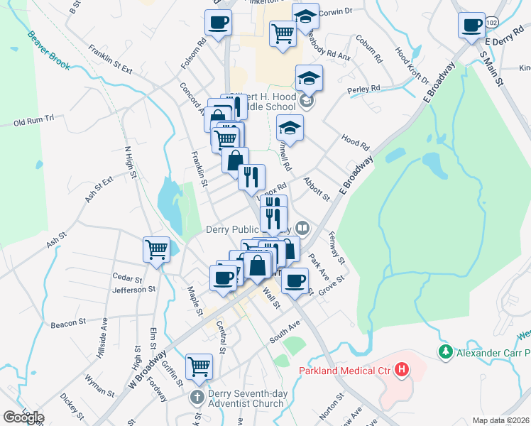 map of restaurants, bars, coffee shops, grocery stores, and more near 17 Crystal Avenue in Derry