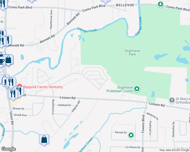 map of restaurants, bars, coffee shops, grocery stores, and more near 19 Juniper Lane in Cheektowaga