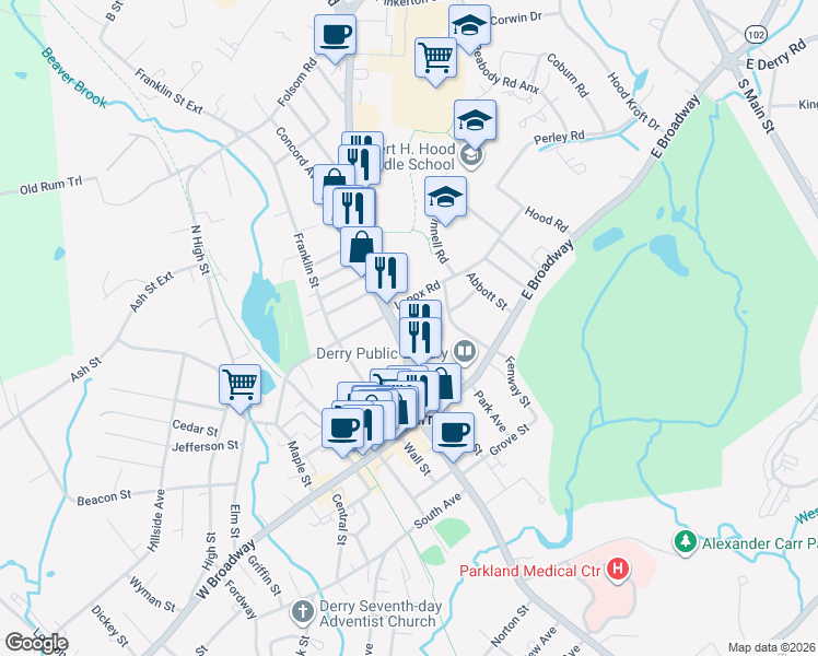 map of restaurants, bars, coffee shops, grocery stores, and more near 17 Crystal Avenue in Derry