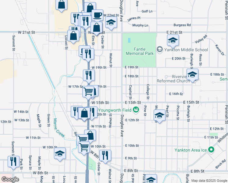 map of restaurants, bars, coffee shops, grocery stores, and more near 1500-1698 Walnut Street in Yankton