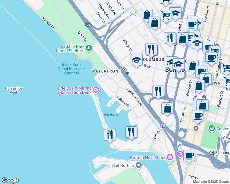 map of restaurants, bars, coffee shops, grocery stores, and more near 8 Marina Park South in Buffalo