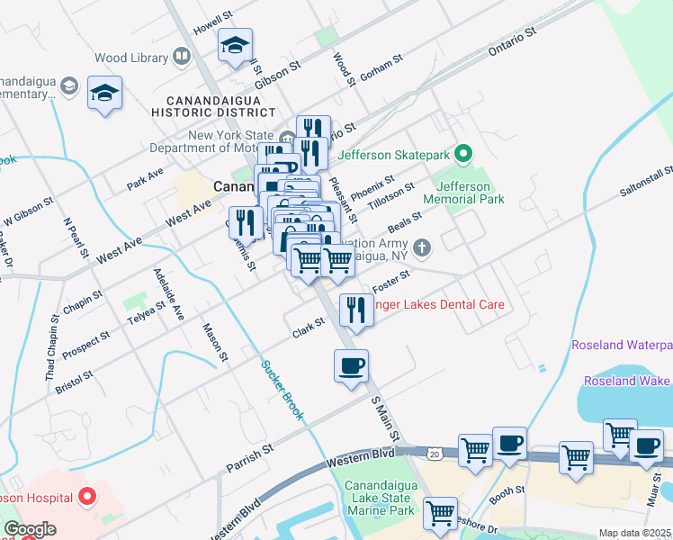 map of restaurants, bars, coffee shops, grocery stores, and more near 195 South Main Street in Canandaigua