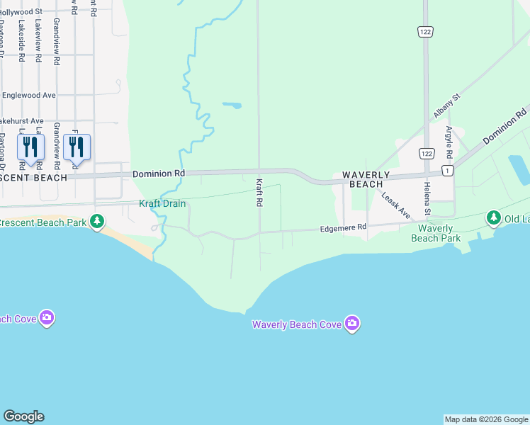 map of restaurants, bars, coffee shops, grocery stores, and more near 316 Kraft Road in Fort Erie