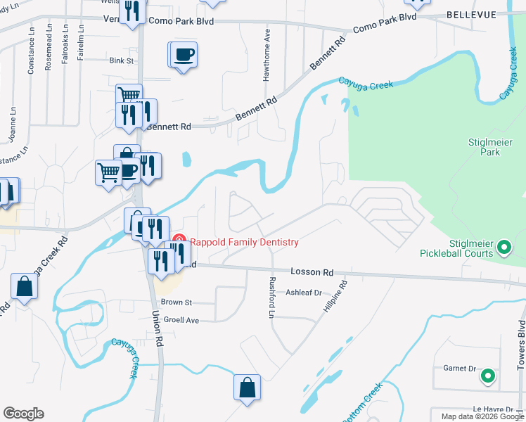 map of restaurants, bars, coffee shops, grocery stores, and more near 180 Rushford Hollow Drive in Buffalo