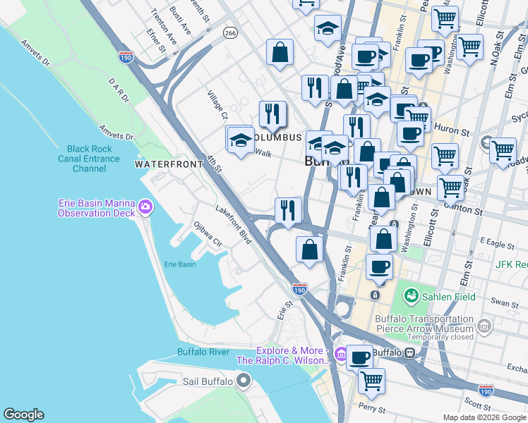 map of restaurants, bars, coffee shops, grocery stores, and more near 1 4th Street in Buffalo