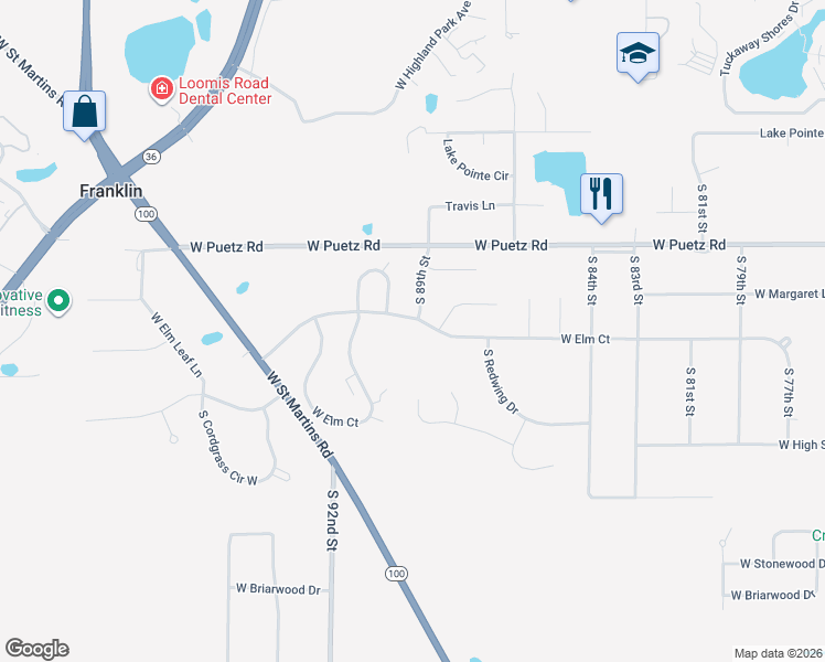 map of restaurants, bars, coffee shops, grocery stores, and more near 8830 West Elm Court in Franklin