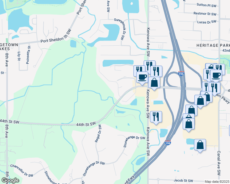 map of restaurants, bars, coffee shops, grocery stores, and more near 185 44th Street Southwest in Grandville