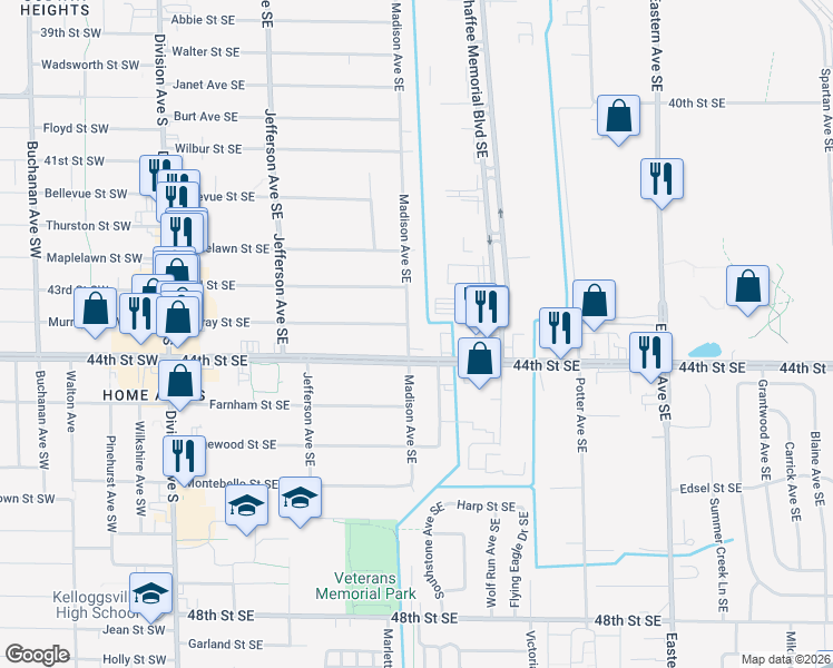 map of restaurants, bars, coffee shops, grocery stores, and more near 441 44th Street Southeast in Grand Rapids