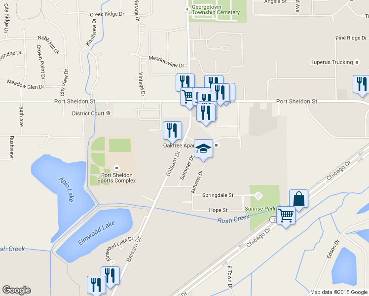 map of restaurants, bars, coffee shops, grocery stores, and more near 6374 Balsam Drive in Hudsonville