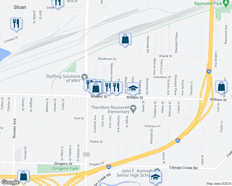 map of restaurants, bars, coffee shops, grocery stores, and more near 20 Peoria Avenue in Buffalo