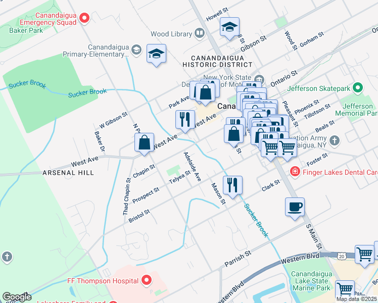 map of restaurants, bars, coffee shops, grocery stores, and more near 127 Chapin Street in Canandaigua