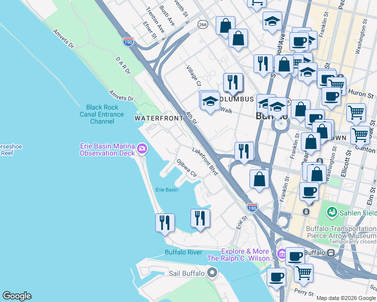 map of restaurants, bars, coffee shops, grocery stores, and more near 24 Marina Park South in Buffalo